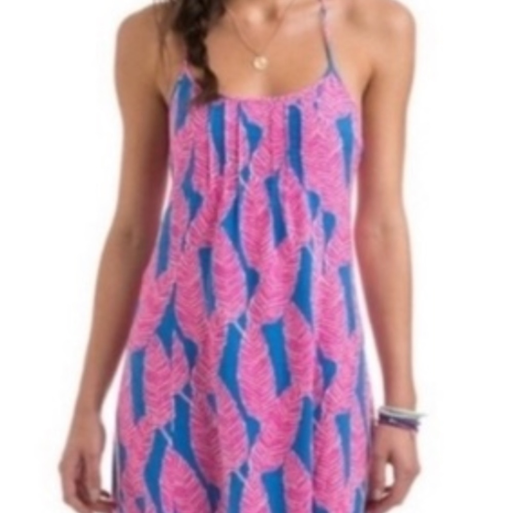 Vineyard Vines Palm Print Linen Blend Maxi Dress Pink Blue Leaf